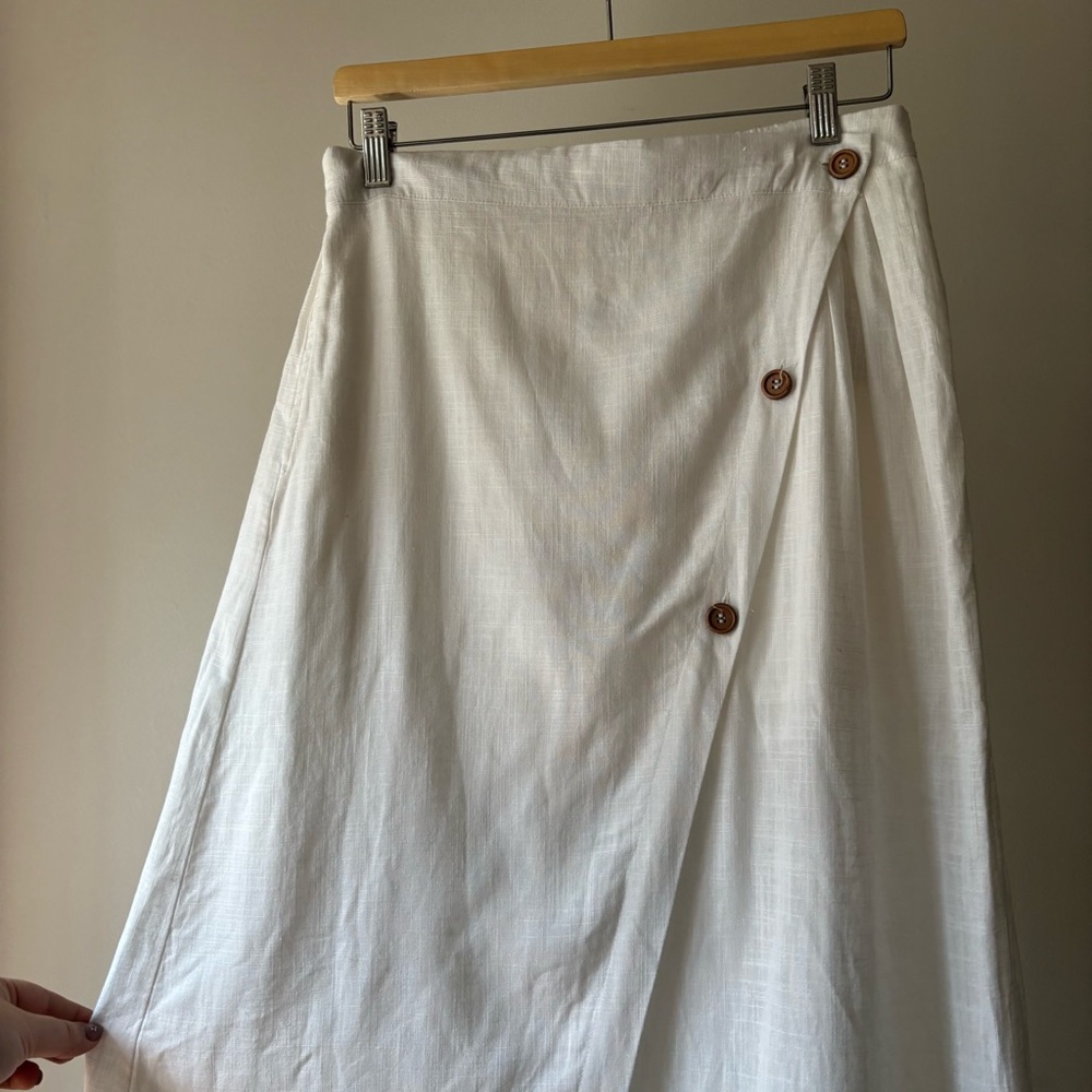 White Linen Button-Front Wrap Maxi Skirt
